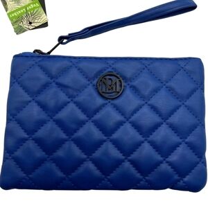 NWT Badgley Mischka Quilted Wristlet Pouch Royal Blue Vegan Leather BM Logo